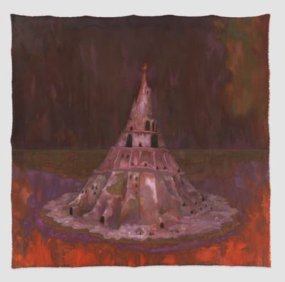 A painting by Sedrick Chisom shows a rendition of the Tower of Babel, which appears to have been burnt.