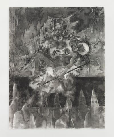 A large-scale black and white drawing features a figure holding another and surrounded by flames, while a group of hooded figures stand below.