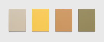 Four monochrome panels in tones of light brown, light green, and yellow are hung in a row on a white wall.