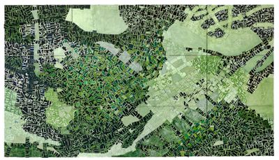A painting by Rick Lowe features an aerial view of Oklahoma's Greenwood District, rendered in layers of paper in green and black.