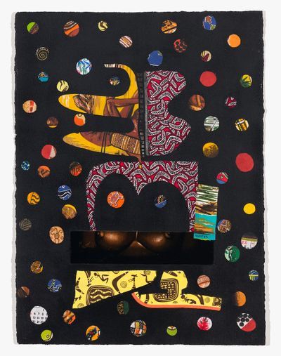 Tony Albert, Abstract: Aboriginal Art IV (2020). Acrylic and vintage appropriated fabric on Arches paper. 76 x 57 cm.