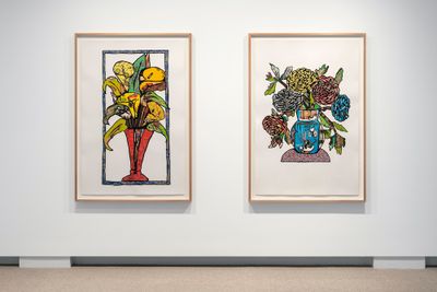 Left to right: Tony Albert, Conversations with Preston: Peace Lily (2020); Conversations with Preston: Ranunculus (2020). Acrylic and vintage appropriated fabric on Arches paper. 153 x 103 cm (both). Exhibition view: Conversations with Margaret Preston, Sullivan+Strumpf, Sydney (18 March–10 April 2021).