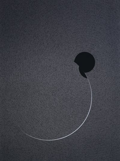 A silkscreen by Tsuyoshi Hisakado features numbers from the pi ratio spiralling outward from a black centre that has been halved unequally by a curved white line.