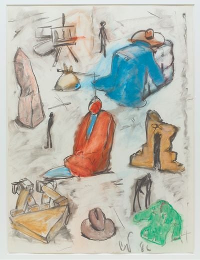 Claes Oldenburg and Coosje van Bruggen, Props and Costumes for II Corso del Coltello, Exhibition Poster Study (1987). Charcoal and pastel on paper. 101.6 x 76.2 cm. © Claes Oldenburg and Coosje van Bruggen.