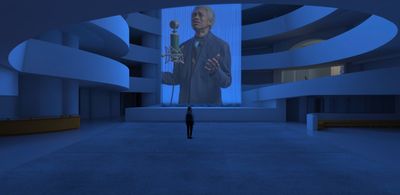 A person standing inside the Guggenheim looking at Wu Tsang's artwork of a curtain projection portraying Glenn-Copeland singing 
