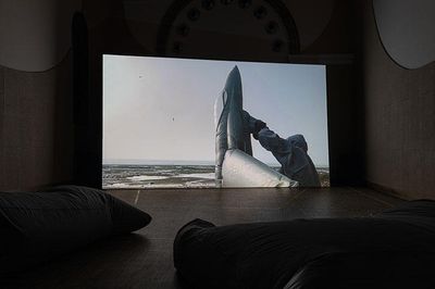 Fiona Banner aka The Vanity Press, Pranayama Organ (2021). High-definition digital film. 10:38 mins. Soft parts: Wing, Flap, Fin (2022). Bespoke beanbags. Dimensions variable. Exhibition view: Patronato Salesiano XIII, Venice (19 April–22 May 2022). Photo: Enrico Fiorese.