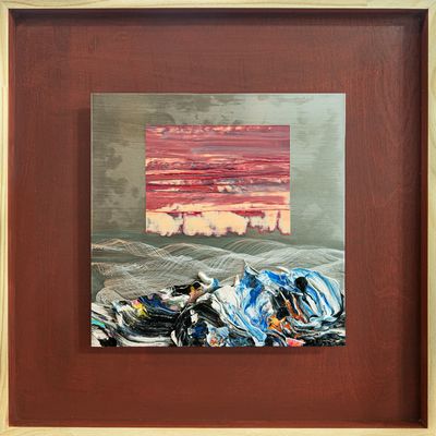 Hanuk Jung, Blues for a Red Planet (2022). Oil, acrylic on paper, linen, aluminium, wood panel. 52 x 52 cm.
