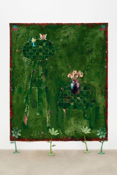 Paulo Nimer Pjota, Opium poppy verde (2019). Tempera, acrylic, oil on canvas and resin. Painting: 290 x 240 cm; resin objects: 60 x 25 cm (each).