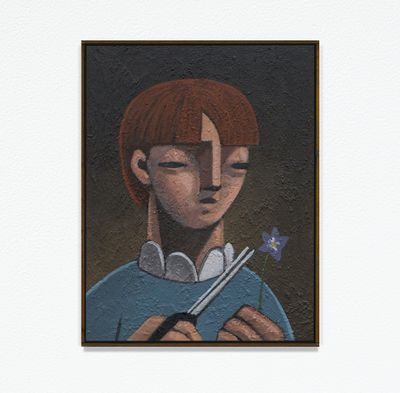 Heesoo Kim, Untitled (Man holding scissors and flower) (2022). Acrylic on canvas. 41 x 31.9 cm.