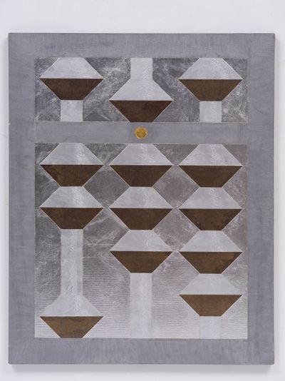 Yoshio Sekine, No.563 (1984). Acrylic, aluminium foil, silver foil, gold foil on canvas. 80.2 x 100 cm.