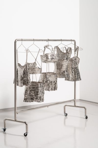 Tayeba Begum Lipi, The Rack I Remember (2019). Stainless steel razor blades and stainless steel. 139.7 x 152.4 x 45.7 cm.
