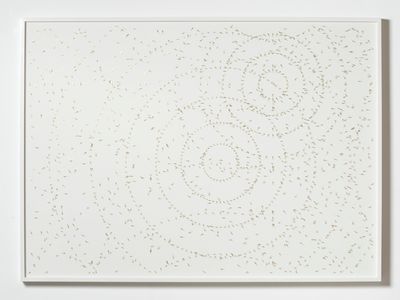 Alicja Kwade, Entropie (71 days 12 hours) (2021). Watch hand, papier-mâché on paper. 107 x 147 cm; 109 x 148.5 x 5 cm.