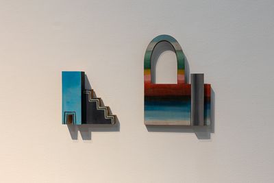 Left to right: Ana Mazzei, Cogumelo V (2021). Wood. 22 x 22 x 7 cm; Cogumelo II (2021). Wood. 27.5 x 28 x 6 cm. Exhibition view: Ana Mazzei, Sleepwalk, Green Art Gallery, Dubai (15 November 2021–31 January 2022).
