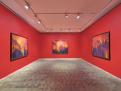 Nicolas Party, Red Forest (2022). Soft pastel on linen. Dimensions variable. Exhibition view: Red Forest, Hauser & Wirth, Hong Kong (30 June–24 September 2022). © Nicolas Party.