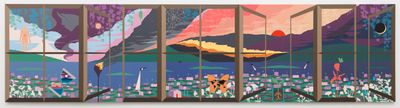 Greg Ito, Paradise (2021). Acrylic on canvas over panel. 127 x 508 cm. Five-panel polyptych.