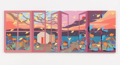 Greg Ito, What Will Remain (2022). Acrylic on canvas over panel. 36 x 96 inches.