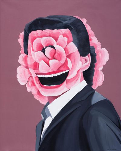 Yue Minjun, rose (2020). Oil on canvas. 150 x 120 cm.