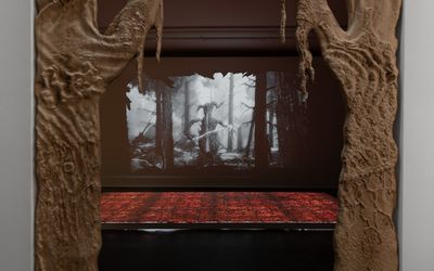 Front to back: Adrian Ganea, Portal (2022). Oak wood. 365 x 155 x 5 cm; Young tree vomiting demonstrating lamentation (2021). 3.D. animation video. Exhibition view: Adrian Ganea, Ghost Trade, Galeria Plan B, Berlin (29 April–25 June 2022).