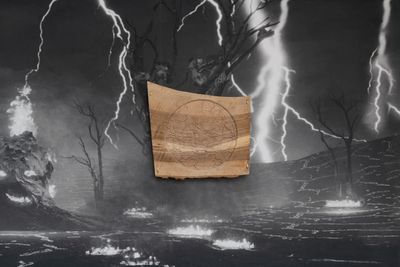 Front to back: Adrian Ganea, Figure Study for Cadmus (I) (2019). Oak wood. 42 x 40 x 3 cm; Tree Mask (2022) (still). Wallpaper. 144 x 349 cm. Exhibition view: Adrian Ganea, Ghost Trade, Galeria Plan B, Berlin (29 April–25 June 2022).