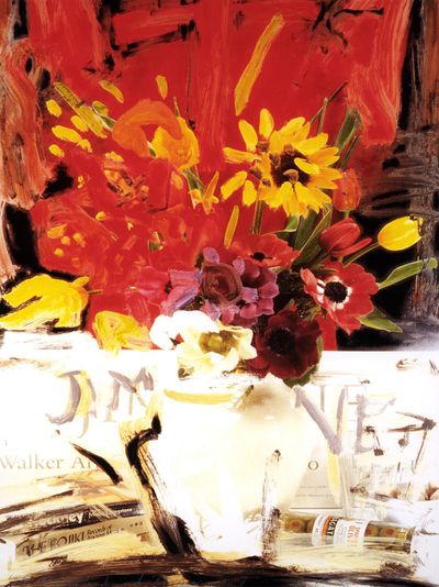 Koeda Shigeaki, Dine's Red & Flowers #7 (1989). Silkscreen / acrylic painting on paper, 150 x 120 cm.