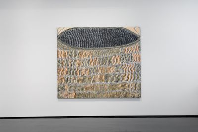 Kieren Karritpul, Fish Basket in the Water (2022). Acrylic on canvas. 175 x 205.5 cm. Exhibition view: Making the Ancestors Smile, Tolarno Galleries, Melbourne (29 October–19 November 2022).
