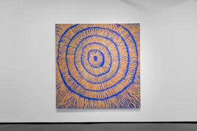 Kieren Karritpul, Blue Fish Trap (2022). Acrylic on canvas. 199 x 198 cm. Exhibition view: Making the Ancestors Smile, Tolarno Galleries, Melbourne (29 October–19 November 2022).