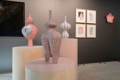 Front to back: Elif Uras, Marble Goddess (Pink) (2022); Bullseye (2022). Exhibition view: GALERIST booth, 17th Contemporary Istanbul (17–22 September 2022).