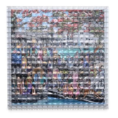 Suzann Victor, A Patchwork Tells a Thousand Histories (2023). Acrylic on canvas, acrylic strip and lenses. 218 x 17 x 218 cm.