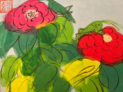 Walasse Ting, Grasshoppers with Roses (1990s). 23.5 x 33.5 cm. Chinese ink and acrylic on rice paper.