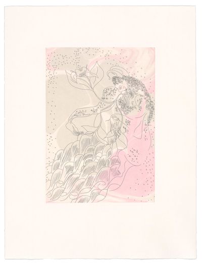 Chris Ofili, Pink Daydreams of a Faun (2021) (detail). Suite of 10 etchings with title page and colophon on unique Suminagashi paintings in a portfolio box. Edition of 29. 29.2 x 20.3 cm (plate); 47.6 x 36.2 cm (paper). © Chris Ofili.