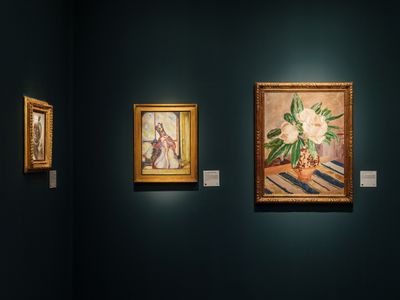 Centre to right: Henri Gaudier-Brzeska, A Study of The Plaster for Maria Carmi as Madonna, with Self Portrait (c. 1912); Augustus John, Magnolias (c. 1930). Exhibition view: Philip Mould & Company, Frieze Masters, London (11–15 October 2023).