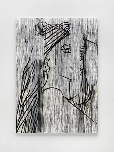Ghada Amer, Another Revolutionary Woman (2022). Acrylic, embroidery, and gel medium on canvas. 177.8 x 127 x 5.1 cm.