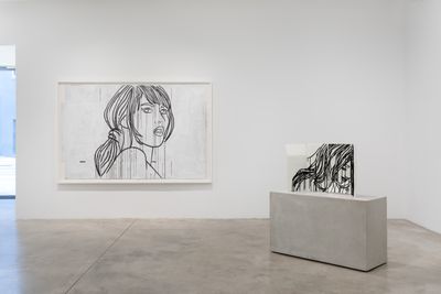 Left to right: Ghada Amer, Study for Jennifer and Barbara (2021); The Red Portrait (bronze) (2021). Exhibition view: Paravent Girls, Tina Kim Gallery, New York (26 October–9 December 2023).