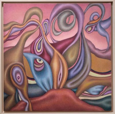 Kathleen Goncharov, Pink Sky (2023). Coloured pencil on canvas. 45.7 x 45.7 x 2.5 cm.
