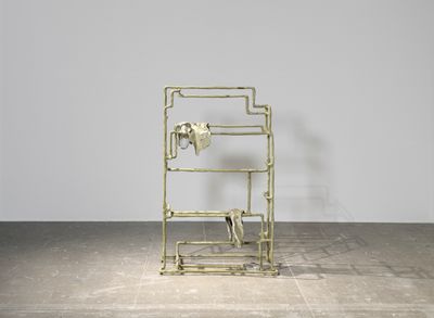 Jes Fan, Rack II (2022). Metal, resin, pigment, fibreglass, glass. Exhibition view: Moveables, Institute of Contemporary Art, University of Pennsylvania, Philadelphia (18 August–17 December 2023).