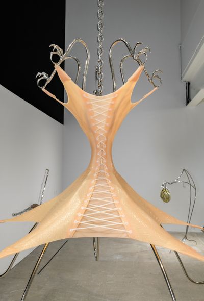Hannah Levy, Untitled (2021). Nickel-plated steel and silicon. Exhibition view: Moveables, Institute of Contemporary Art, University of Pennsylvania, Philadelphia (18 August–17 December 2023).