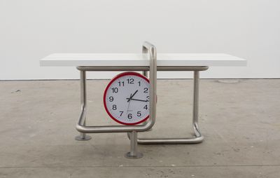 Yona Lee, Clock Bench (2023). Wood, stainless steel, clock. 110 x 63 x 59.5 cm. Exhibition view: Wall, Floor and Ceiling, Gertrude Contemporary, Naarm/Melbourne (24 June–27 August 2023).
