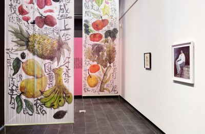 Left to right: Chun Yin Rainbow Chan 陳雋然, Fruit Song (2022); Firenze Lai Ching Yin, Betting Station (2013). Exhibition view: Assembly, CIW Gallery, Australian Centre on China in the World, Canberra (12 February–24 May 2024).
