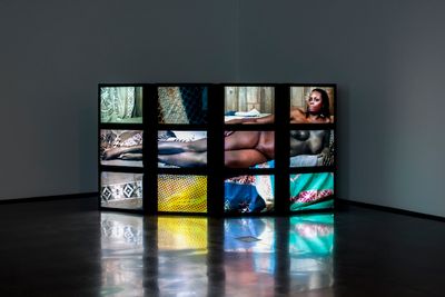 Mickalene Thomas, Me as Muse (2016). Multimedia video installation, 12 monitors. Monitors 48.5 x 61.2 x 47 cm (each); 146.1 x 269.9 x 81.3 cm (overall).