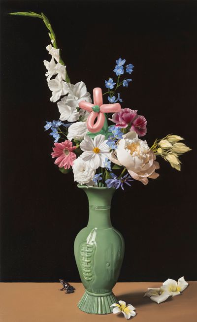 Kim Sung Yoon, Flowers in the Neo-Celadon Ball-Shaped Bottle (2023). Oil on linen. 145.5 x 89.4 cm.