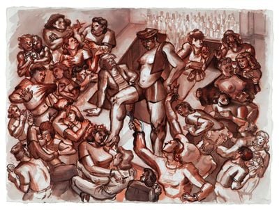 Nicole Eisenman, Trash's Dance (1992). India ink on paper. 55.9 × 76.2 cm. The Hort Family Collection.