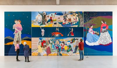 Małgorzata Mirga-Tas, Romani Kali Daj (Roma Madonna) (2024); June (2022) and Ćhajengri Duma (Women’s Thoughts) (2024). Exhibition view: Małgorzata Mirga-Tas, Tate St Ives (19 October 2024–5 January 2025).