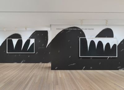 Christine Sun Kim, Prolonged Echo (2023) (mural); Long Echo (left), Long Echo (right) (both 2022). Exhibition view: All Day All Night
