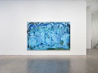 Tim Stoner, Reflection (Caribbean blue) (2021–2024). Oil and gouache on linen. 204 × 313 cm.