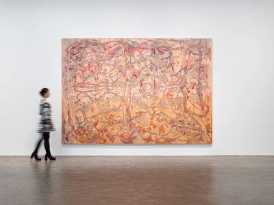 Tim Stoner, Persian Red (2009–2024). Oil on linen. 257 × 366 cm.