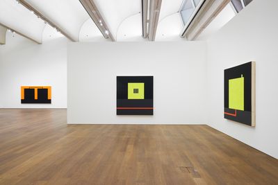 Left to right: Peter Halley, Black Cells with Conduit (1986); Yellow Prison with Underground Conduit (1985); Cell with Smokestack and Underground Conduit (1985). Exhibition view: