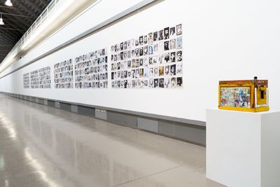 Photographs of varying dimensions arranged on gallery wall besides photographic camera and sound piece. 