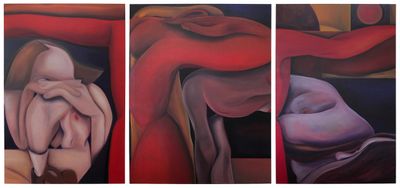 Julia Trybala, The Dance of Life, after Edvard Munch (2023). Oil on canvas. 137.5 x 290.5 cm (triptych).
