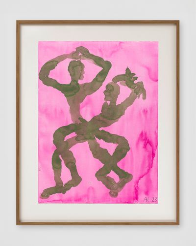 Andrew Lord, embrace III (green on pink) (2023). Gouache on Fabriano-paper. 61 x 45.5 cm.