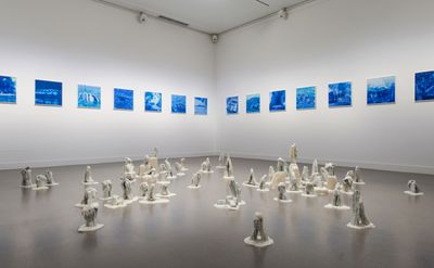 Keem Jiyoung, 'Blue Series' (2016–2018); Look at This Unbearable Darkness (2019). Exhibition view: Young Korean Artists 2019: Liquid Glass Sea, National Museum of Modern and Contemporary Art, Gwacheon (20 June–15 September 2019).